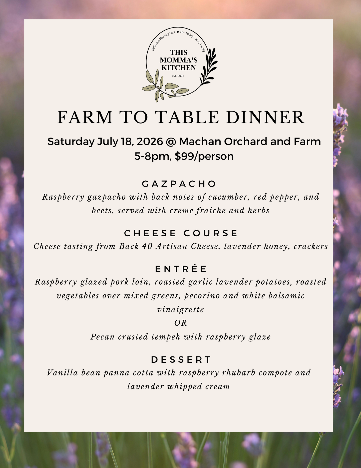 Farm to Table Dinner - Saturday July 18, 2026 at Machan Orchard and Farm