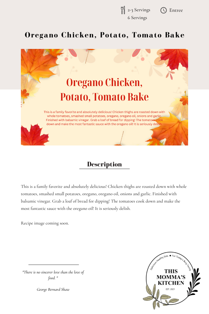 Oregano Chicken, Potato, Tomato Bake