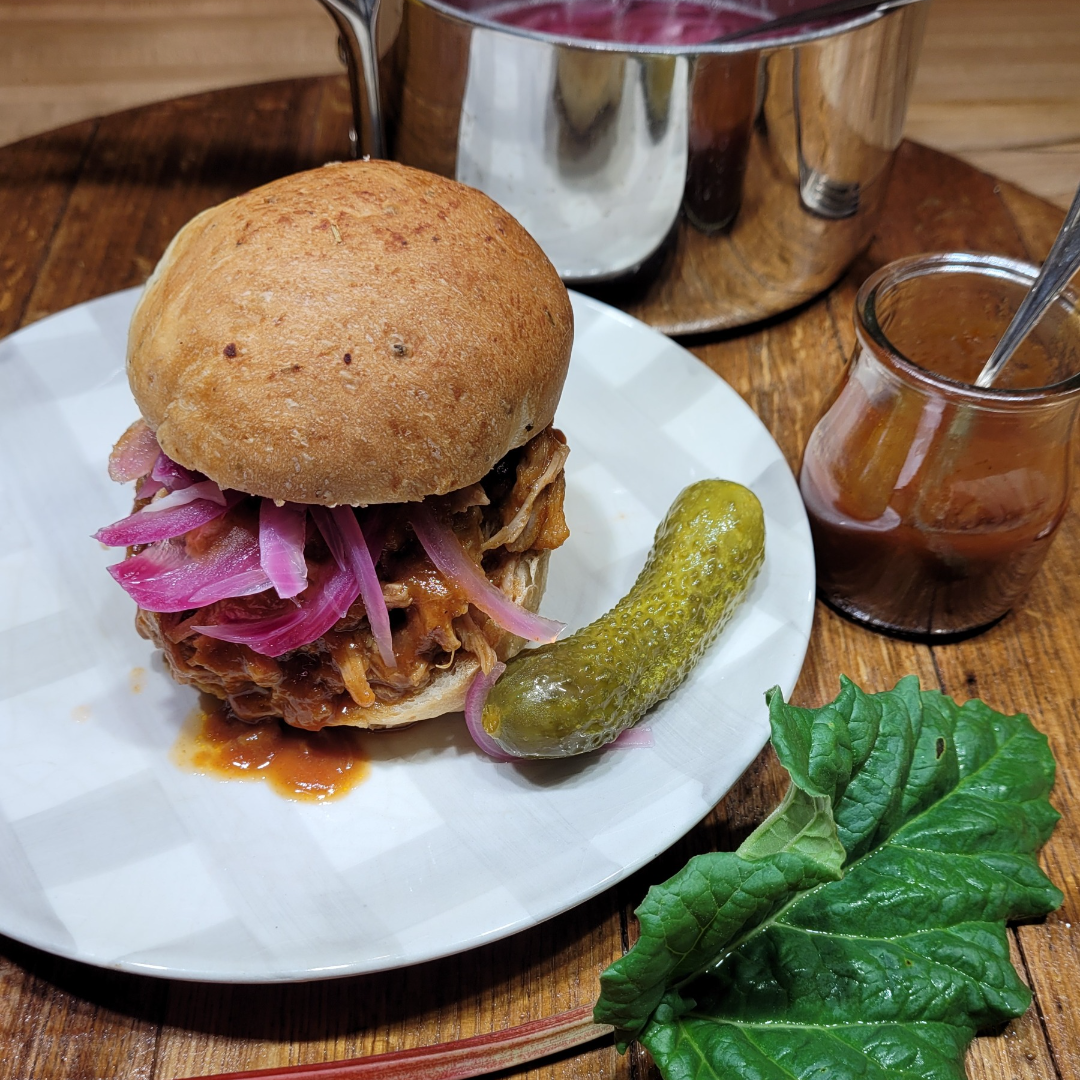 Rhubarb BBQ Pulled Pork Sandwich