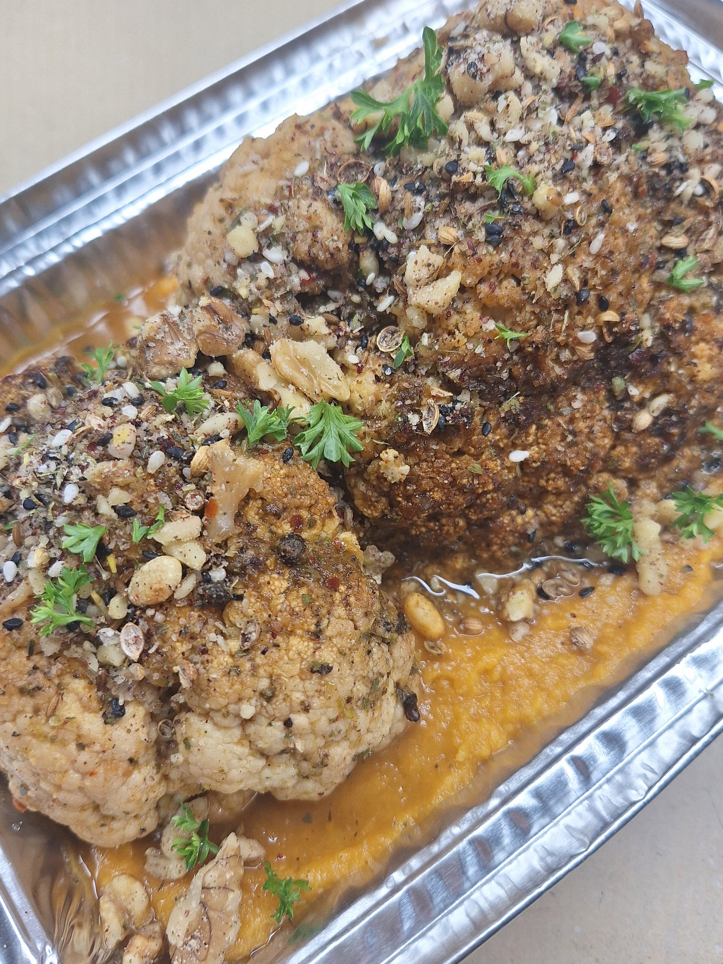 Jerk Roasted Cauliflower, Ginger Sweet Potato Smash and Crunchy Dukkha