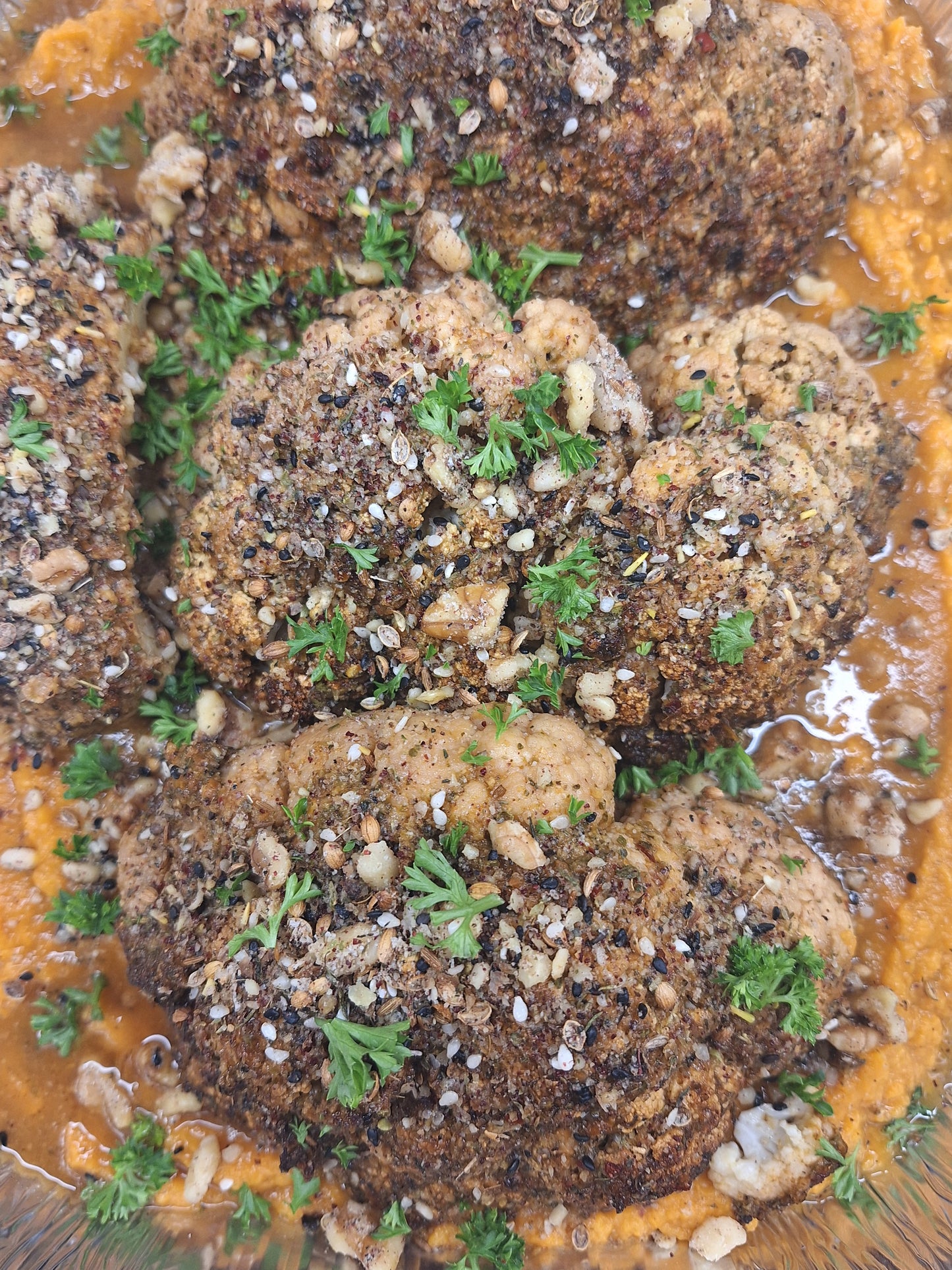 Jerk Roasted Cauliflower, Ginger Sweet Potato Smash and Crunchy Dukkha