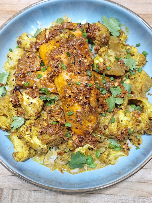 Curry Salmon with Chili Garlic Butter and Roasted Cauliflower