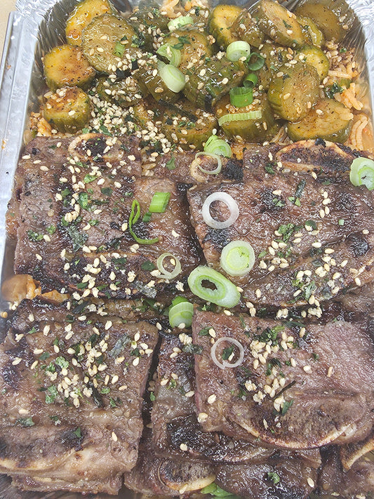 Korean BBQ Short Ribs, Kimchi Fried Rice and Spicy Pickled Cucumbers