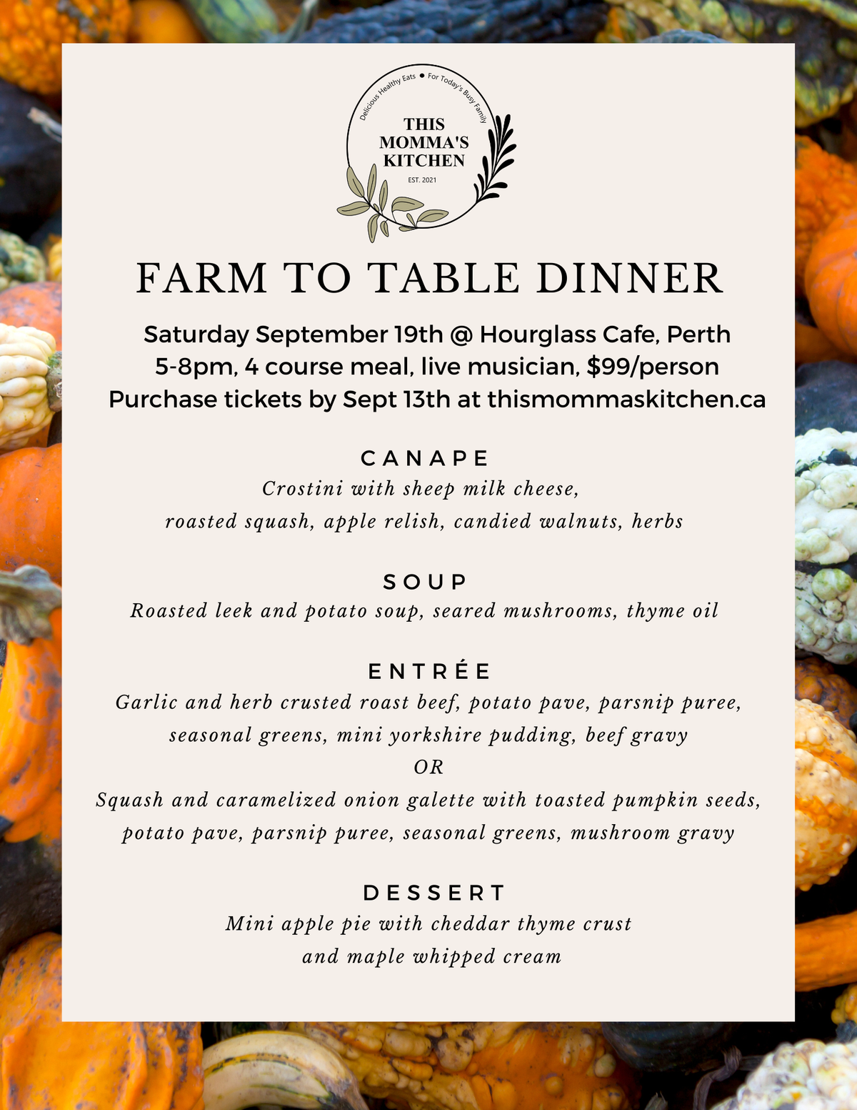 Farm to Table Dinner - Saturday Sept 19th at Hourglass Cafe, Perth from 5-8pm