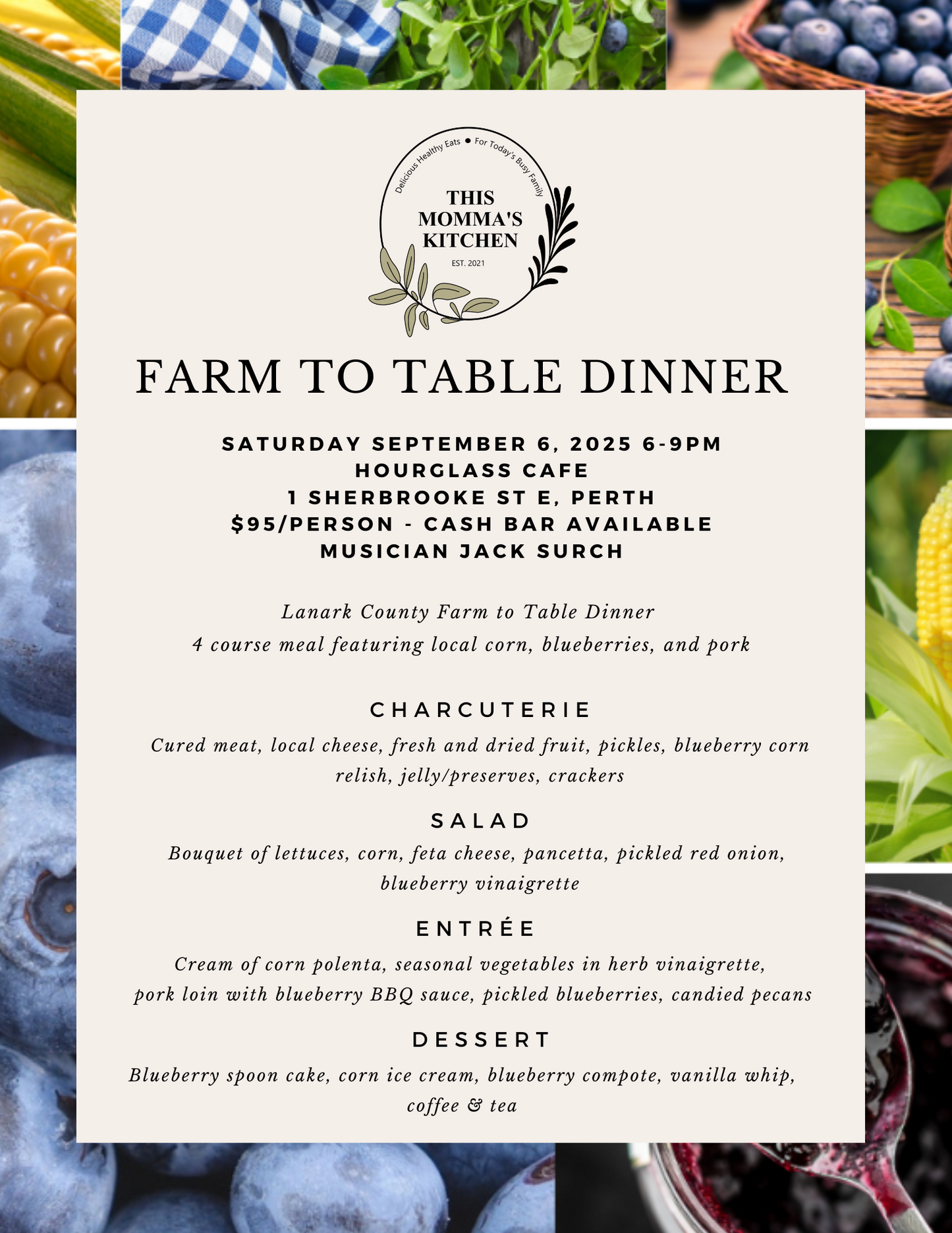 Farm to Table Pop-Up Dinner Saturday September 6, 2025 6-9pm @ Hourglass Cafe in Perth, ON