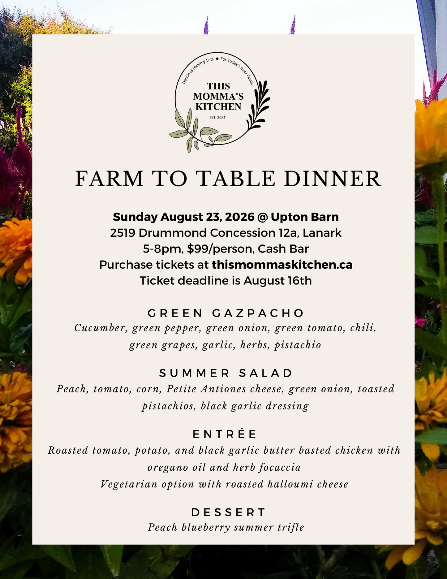 Farm to Table Dinner - Sunday August 23, 2026 at Upton Barn, Lanark 5-8pm