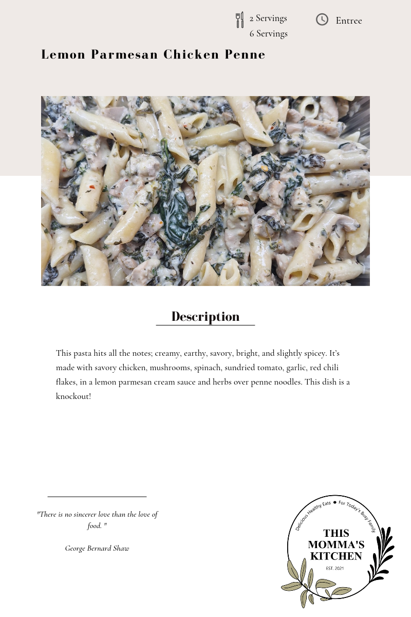 Lemon Parmesan Chicken Penne