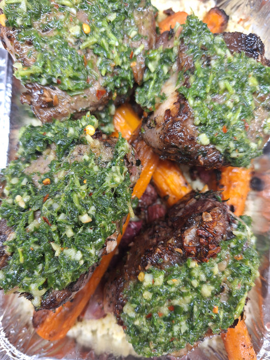 Lamb Chops, Chimichurri , Roasted Carrot & Radish, Preserved Lemon Couscous