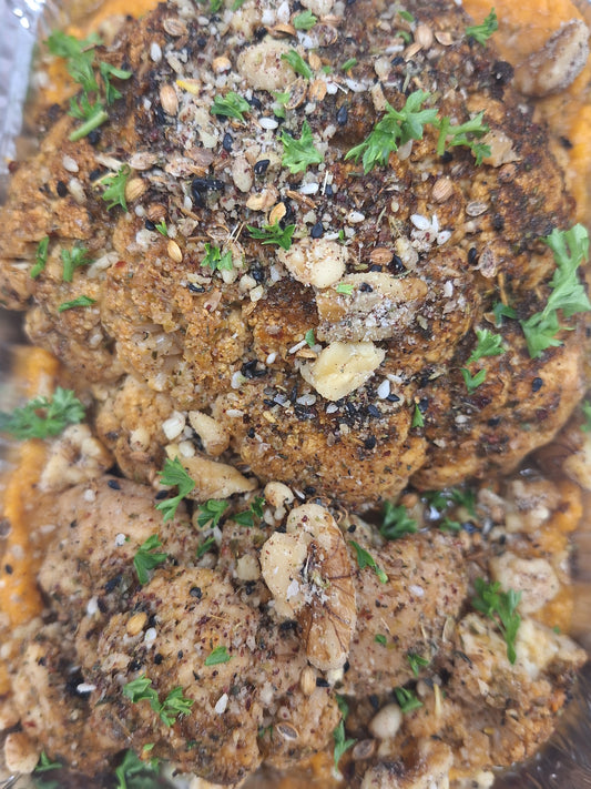 Jerk Roasted Cauliflower, Ginger Sweet Potato Smash and Crunchy Dukkha